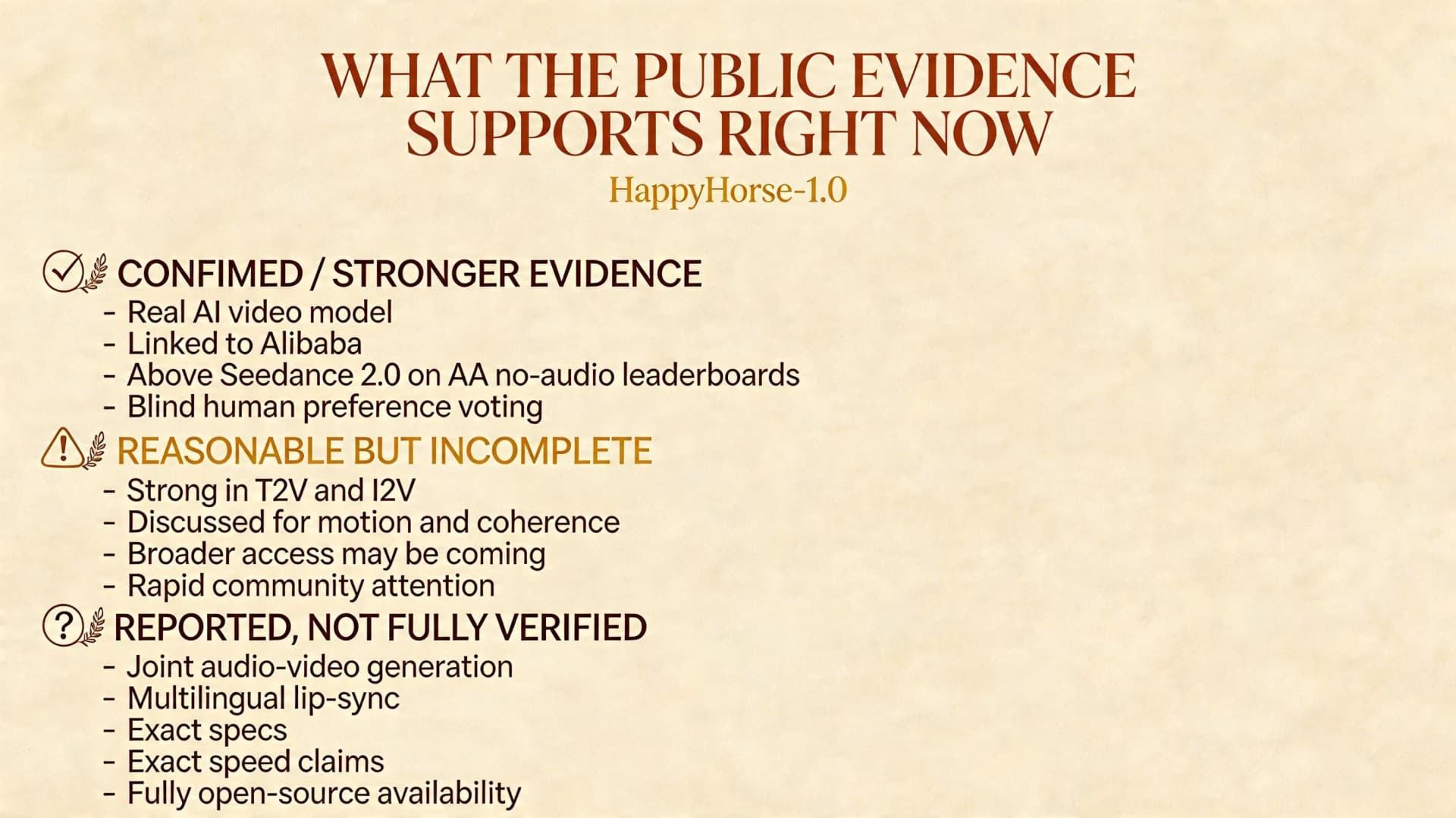 Three-tier evidence hierarchy showing which HappyHorse-1.0 claims are confirmed, incomplete, or not fully verified