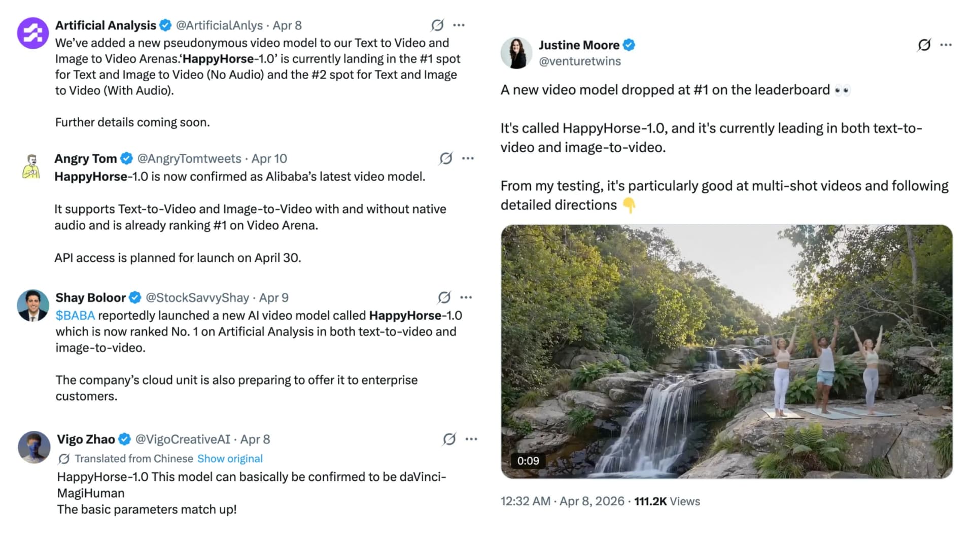 Collage of social media posts and discussion screenshots showing how quickly HappyHorse started spreading across AI video communities