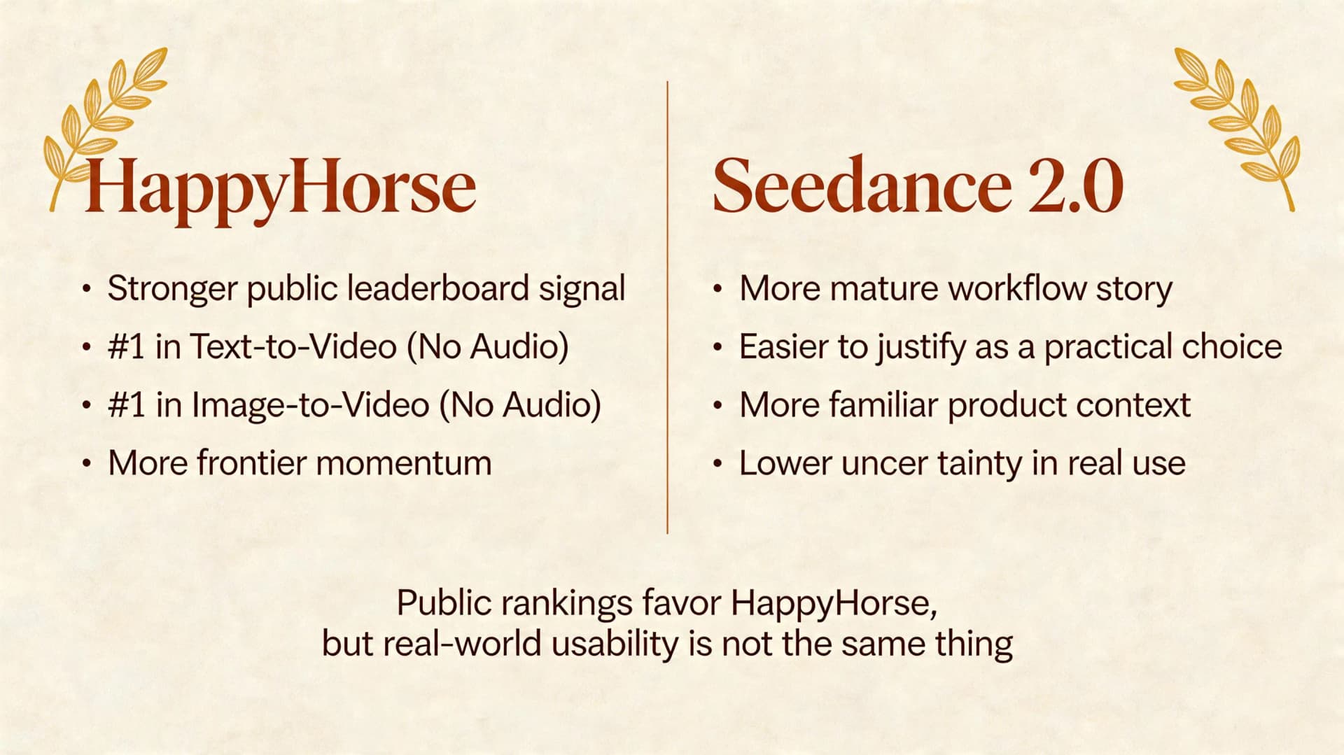 Editorial summary card comparing HappyHorse and Seedance 2.0 across public leaderboard strength and practical workflow confidence